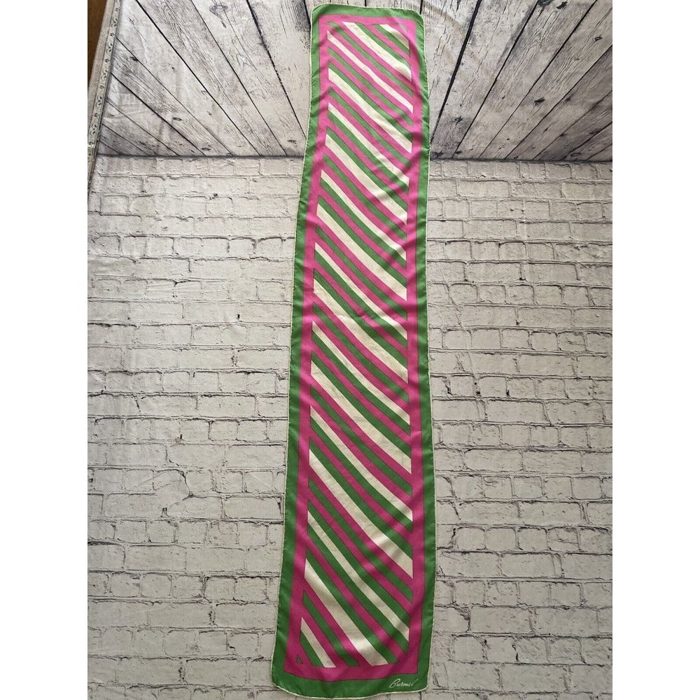 Burmel Vintage 1960's Pink Green Stripe Hand Rolled All Silk Scarf 13x68 Italy - Picture 13 of 16